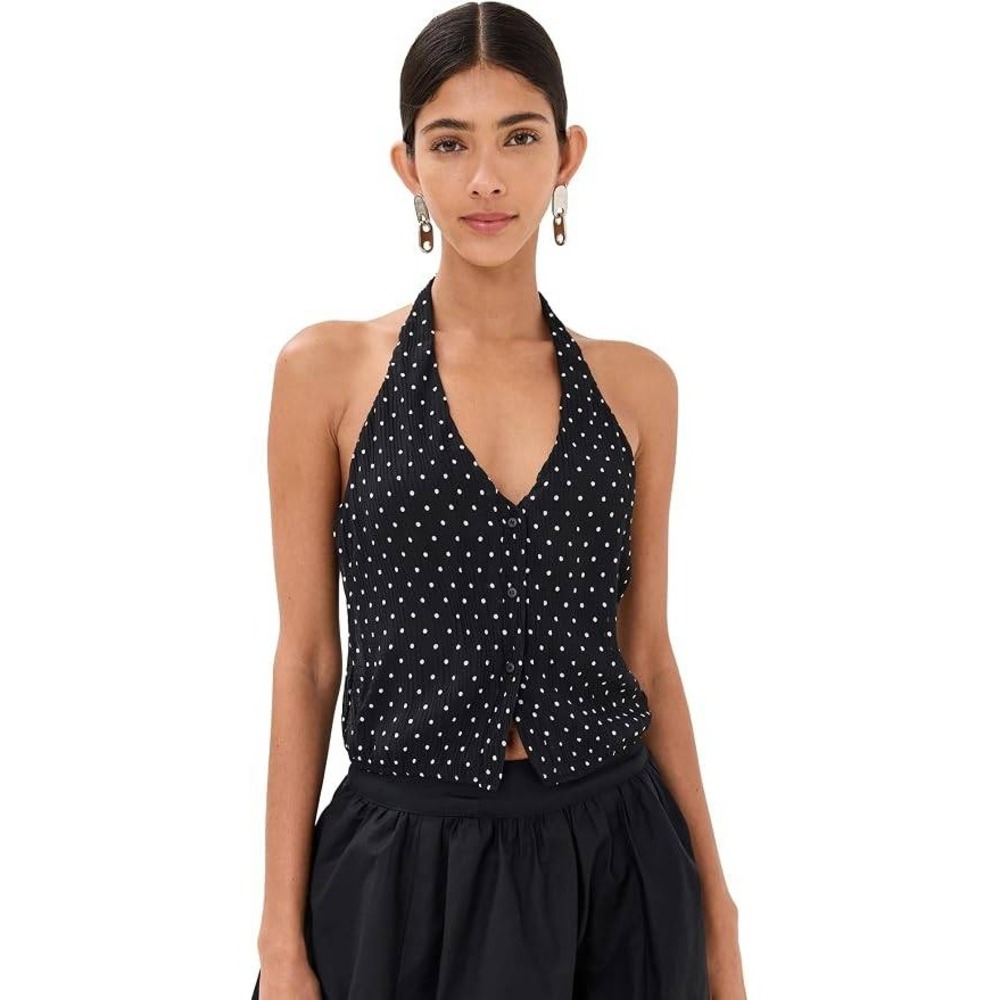 Lioness Womens Black Polka Dot Crinkle Halter Top Button Front Size‎ S New